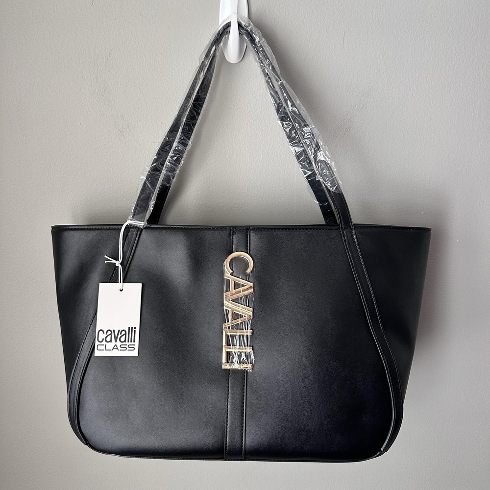Cavalli Class Tote Bag Womens Large Black Sandra Shopper Gold Logo Zip Top